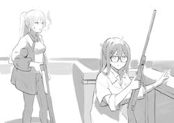  2girls absurdres bespectacled breasts character_request cigarette closed_mouth collared_shirt commentary english_commentary girls&#039;_frontline glasses greyscale gun hair_ornament hairclip highres holding holding_gun holding_weapon jacket k2_(girls&#039;_frontline) k5_(girls&#039;_frontline) kion-kun large_breasts long_hair looking_at_viewer meme monochrome mouth_hold multiple_girls open_clothes open_jacket pants parody photo-referenced ponytail real_life rifle rooftop rooftop_koreans round_eyewear shirt smoke smoking standing weapon wing_collar 