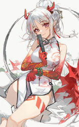  arknights bare_legs bead_bracelet beads body_markings bracelet braid breasts china_dress chinese_clothes ciloranko closed_mouth colored_skin cowboy_shot dragon_horns dragon_tail dress earrings female folded_fan folding_fan grey_background hair_bun hair_ornament hair_stick hand_fan head_tilt highres holding holding_fan horns jewelry light_smile lips looking_at_viewer medium_breasts medium_hair multicolored_hair multicolored_skin nian_(arknights) nian_(unfettered_freedom)_(arknights) official_alternate_costume parted_bangs pelvic_curtain pointy_ears prayer_beads purple_eyes red_hair red_skin side_braid simple_background single_braid single_hair_bun sleeveless sleeveless_dress smile solo streaked_hair tail tassel tassel_earrings thighs two-tone_hair white_dress white_hair 