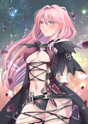  bandaged_arm bandages black_hair blue_eyes breasts choker commentary_request cosplay female hair_between_eyes hanasakuraya highres in-franchise_crossover long_hair looking_at_viewer medium_breasts navel official_alternate_costume official_alternate_hairstyle pink_hair shionne_(tales) solo tales_of_(series) tales_of_arise tales_of_berseria torn_clothes underboob velvet_crowe velvet_crowe_(cosplay) very_long_hair 