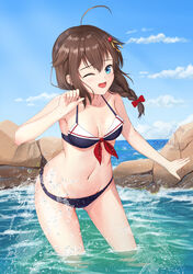  ahoge bikini black_bikini black_hair blue_eyes blue_sky braid breasts cloud collarbone commentary_request cowboy_shot day female hair_flaps hair_ornament hair_over_shoulder highres horizon kantai_collection leaning_forward long_hair md5_mismatch medium_breasts navel ocean one_eye_closed outdoors resolution_mismatch rock shigure_(kancolle) shigure_kai_ni_(kancolle) sky skyrail solo source_smaller standing swimsuit wading 