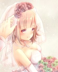  1boy bare_shoulders bead_necklace beads blush bouquet breasts bridal_veil cleavage commentary danganronpa_(series) danganronpa_2:_goodbye_despair dress elbow_gloves female flower from_side gloves green_flower green_rose hair_ornament holding holding_flower jewelry kuro_n314 large_breasts long_sleeves looking_at_viewer looking_to_the_side medium_breasts medium_hair mole mole_on_breast nanami_chiaki necklace pink_flower pink_rose rose smile solo_focus striped veil wedding_dress white_dress 