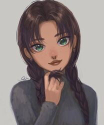  braid brown_hair closed_mouth commentary earrings female fortnite freckles green_eyes grey_sweater highres jewelry jules_(fortnite) long_hair looking_at_viewer piercing playing_with_own_hair simple_background smile solo sweater symbol-only_commentary toisan33 