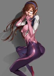  ass blood blue_eyes bodysuit breasts brown_hair commentary_request evangelion:_3.0_you_can_(not)_redo female glasses grey_background hairband highres interface_headset kiyohisa licking licking_finger long_hair looking_at_viewer makinami_mari_illustrious medium_breasts multicolored_bodysuit multicolored_clothes neon_genesis_evangelion pilot_suit plugsuit rebuild_of_evangelion red-framed_eyewear semi-rimless_eyewear skin_tight smile solo teeth twintails upper_teeth_only wiping_blood wrinkled_fabric 