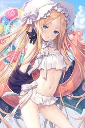  abigail_williams_(fate) abigail_williams_(swimsuit_foreigner)_(fate) abigail_williams_(swimsuit_foreigner)_(third_ascension)_(fate) bare_shoulders bikini black_cat black_jacket blonde_hair blue_eyes blue_sky blush bonnet bow breasts day fate/grand_order fate_(series) feline female floating_hair forehead hagino_kouta hairbow highres innertube innertube_with_ears jacket long_hair looking_at_viewer miniskirt navel off_shoulder open_clothes open_jacket parted_bangs revision sidelocks skirt sky small_breasts smile solo swim_ring swimsuit thighs twintails very_long_hair white_bikini white_bow white_headwear 