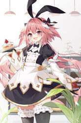  1boy animal_ears apron arm_at_side astolfo_(fate) astolfo_(saber)_(fate) astolfo_(saber)_(third_ascension)_(fate) black_bow black_bowtie black_dress black_gloves black_hairband black_thighhighs blush bow bowtie buttons cake cake_slice commentary double-breasted double-parted_bangs dress fake_animal_ears fate/apocrypha fate/grand_order fate_(series) food frilled_thighhighs frills gloves hair_flaps hair_intakes hairband hairbow half-closed_eyes half_updo highres holding holding_tray juliet_sleeves long_hair long_sleeves looking_at_viewer low_twintails male_focus multicolored_hair oerba_yun_fang open_mouth otoko_no_ko pink_hair puffy_sleeves purple_eyes rabbit_ears shirt shirt_under_dress short_dress skin_fang solo streaked_hair thighhighs traditional_bowtie tray twintails undershirt v-shaped_eyebrows very_long_hair white_apron white_hair white_shirt wide_sleeves yuia zettai_ryouiki 