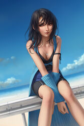  arm_ribbon arm_warmers bad_id bad_pixiv_id beach bike_shorts black_hair blue_arm_warmers blue_sky blurry blurry_background breasts brown_eyes cleavage commentary downblouse female final_fantasy final_fantasy_viii highres jewelry miura-n315 necklace own_hands_together railing ribbon rinoa_heartilly sitting sky sleeveless sleeveless_duster smile solo undershirt 