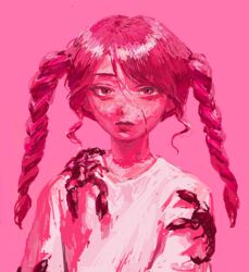  braid commentary_request female hatena_(nazequestion) long_hair looking_at_viewer original pink_background pink_eyes pink_hair pink_theme scorpion scorpion_on_shoulder shirt simple_background solo twin_braids upper_body white_shirt 