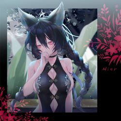  animal_ears bare_shoulders black_hair blush breasts character_name choker cleavage cleavage_cutout clothing_cutout covering_own_mouth diamond_cutout dress erune eyes_visible_through_hair female granblue_fantasy hair_between_eyes highres koza_game long_braid looking_away navel_cutout nier_(granblue_fantasy) red_eyes sideboob sleeveless sleeveless_dress solo underboob 