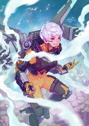  apex_legends bodysuit brown_eyes commentary_request female flying hair_behind_ear headset highres jetpack looking_ahead missile_pod orange_bodysuit otsuzaka parted_lips science_fiction short_hair sky smirk solo v valkyrie_(apex_legends) white_hair 