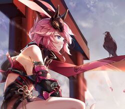  animal_ears armor bare_shoulders bird blue_eyes blue_sky cloud cloudy_sky crow female fox_ears fox_mask gauntlets honkai_(series) honkai_impact_3rd japanese_armor mask ninja open_mouth outdoors petals pink_hair purple_scarf scarf sky solo teeth yae_kasumi yae_sakura zomzomzomsauce 