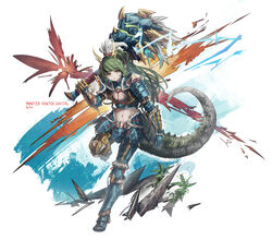  absurdres arknights armored_boots boots breasts brown_eyes closed_mouth commentary crocodilian_tail english_commentary facial_mark female franlol full_body gauntlets gavial_(arknights) gavial_the_invincible_(arknights) green_hair highres holding holding_weapon horns long_hair looking_at_viewer medium_breasts monster_hunter_(series) navel pointy_ears ponytail smile solo standing standing_on_one_leg tail very_long_hair weapon white_background zinogre_(armor) 