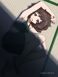  akiyama_yukari arm_up armpits artist_name barefoot black_shorts black_sports_bra brown_eyes brown_hair commentary dated female from_above girls_und_panzer half-closed_eyes highres indoors looking_at_viewer loungewear messy_hair naotosi on_floor open_mouth saliva shadow short_hair shorts sleepy smile solo sports_bra tatami 