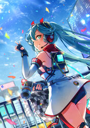  aqua_eyes aqua_hair ass bare_shoulders black_gloves blurry blurry_background building cable checkered_flag commentary confetti cowboy_shot day detached_sleeves dress female fingerless_gloves flag from_behind gloves goodsmile_racing grin hand_up hatsune_miku headphones headset holding holding_wrench impact_wrench kyashii_(a3yu9mi) logo long_hair looking_at_viewer looking_back one_eye_closed outdoors racing_miku racing_miku_(2020) smile smiley_face solo strapless strapless_dress twintails v very_long_hair vocaloid white_dress white_sleeves wrench 