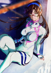  absurdres arm_support blue_eyes blurry bodysuit breasts brown_hair closed_mouth commentary_request depth_of_field evangelion:_3.0+1.0_thrice_upon_a_time female glasses hair_between_eyes hairband highres interface_headset kiyohisa long_hair looking_at_viewer makinami_mari_illustrious medium_breasts neon_genesis_evangelion pilot_suit plugsuit rebuild_of_evangelion red-framed_eyewear semi-rimless_eyewear sitting skin_tight smile solo thighs turtleneck twintails under-rim_eyewear very_long_hair white_bodysuit 