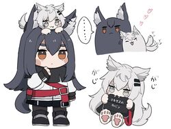  ... 2girls :&lt; :3 afterimage animal_ear_fluff animal_ears arknights biting black_footwear black_legwear black_shorts blush_stickers chibi chibi_on_head claws commentary_request ear_piercing fang_out fangs grey_eyes grey_hair hair_between_eyes hair_ornament hairclip heart highres jacket lappland_(arknights) multiple_girls oerba_yun_fang on_head pantyhose piercing scar scar_across_eye shoes short_eyebrows short_shorts shorts sitting someyaya spoken_ellipsis tail tail_wagging texas_(arknights) thick_eyebrows translated white_background white_jacket 