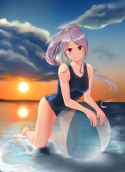  ball bare_arms bare_legs barefoot beach beachball blue_one-piece_swimsuit blush breasts closed_mouth collarbone female floating_hair highres kneeling leaning_forward long_hair looking_at_viewer ocean one-piece_swimsuit overlord_(maruyama) parted_bangs purple_hair rausu_(undeadmachine) red_eyes school_uniform shalltear_bloodfallen slit_pupils small_breasts smile solo sun sunset swimsuit very_long_hair 