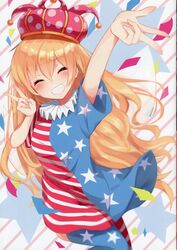  absurdres american_flag_dress american_flag_legwear blonde_hair blush clownpiece crown dress female hat highres igayan jester_cap long_hair neck_ruff outstretched_arm pantyhose polka_dot pun short_dress short_sleeves smile solo star_(symbol) striped teeth thighhighs touhou v very_long_hair 