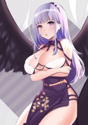  :o absurdres arms_under_breasts azur_lane black_wings blush breast_hold breasts chan&#039;nu cleavage criss-cross_halter dido_(anxious_bisque_doll)_(azur_lane) dido_(azur_lane) dress feathered_wings female hairband halter_dress halterneck highres large_breasts large_wings long_dress long_hair official_alternate_costume pink_eyes purple_dress purple_hair purple_hairband sleeveless sleeveless_dress solo wings 