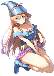  ahoge bare_shoulders blonde_hair blue_eyes blue_footwear blush boots breasts breasts_squeezed_together cleavage collarbone commentary cosplay dark_magician_girl dark_magician_girl_(cosplay) female hat headgear hexagram highres jumping kneeling knees_up large_breasts long_hair looking_at_viewer no_panties orange_hair parted_lips pecorine_(princess_connect!) pelvic_curtain pepeo princess_connect! simple_background solo straight_hair strapless thighs v_arms white_background yu-gi-oh! 