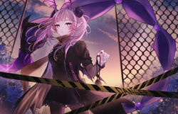  alternate_costume aqua_nails arknights black_dress black_jacket black_pantyhose breasts caution_tape chain-link_fence commentary_request cowboy_shot dress dusk female fence hair_ornament haku_wi head_wings jacket jewelry long_hair long_sleeves looking_at_viewer manticore_(arknights) manticore_(invisible_dirge)_(arknights) medium_breasts nail_polish necklace official_alternate_costume open_clothes open_jacket outdoors pantyhose parted_lips pink_eyes pointy_ears purple_hair scorpion_tail short_dress solo standing tail wings 