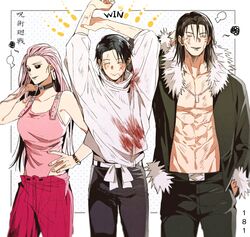  2boys black_hair brown_hair choker colored_sclera female forehead fur_collar fur_trim highres ishigori_ryu jujutsu_kaisen multiple_boys okkotsu_yuuta pink_hair smile uro_takako yoon_(dmsco1803) 