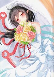  absurdres ahoge alternate_costume asymmetrical_wings bare_shoulders black_hair blush bouquet bridal_veil collarbone dress dutch_angle elbow_gloves female flower gloves half-closed_eyes heart highres houjuu_nue igayan long_hair looking_at_viewer nue_day pointy_ears red_eyes red_ribbon ribbon scan smile solo strapless strapless_dress touhou veil wedding_dress white_dress white_gloves wings 