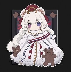  animal_ears arknights bare_shoulders bear_ears black_background blue_eyes blush_stickers chibi collar commentary_request detached_collar dress elbow_gloves female full_body gloves hair_between_eyes handprint heterochromia highres long_hair looking_at_viewer official_alternate_costume purple_eyes rosa_(arknights) rosa_(masterpiece)_(arknights) short_eyebrows solo someyaya strapless strapless_dress stuffed_animal stuffed_toy teddy_bear thick_eyebrows very_long_hair white_collar white_dress white_gloves white_hair 