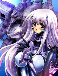  2000s_(style) :o black_gloves blue_eyes blush breasts female fortified_suit gloves inia_sestina jpeg_artifacts large_breasts long_hair looking_at_viewer mecha muv-luv muv-luv_alternative muv-luv_total_eclipse open_hand orange_eyes parted_lips pilot_suit purple_hair robot science_fiction su-37_terminator_(muv-luv) tactical_surface_fighter wpdh4443 