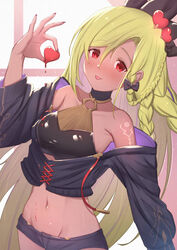  :p bare_shoulders black_jacket black_shirt black_shorts blonde_hair blush braid closed_mouth collarbone commentary_request crop_top dark-skinned_female dark_skin female fingernails granblue_fantasy groin hair_between_eyes hair_ornament hand_up heart heart_hair_ornament helel_ben_shalem helel_ben_shalem_(coco-coated_dreams)_(granblue_fantasy) highres holding jacket long_fingernails long_hair long_sleeves looking_at_viewer nail_polish navel off_shoulder parted_bangs purple_nails red_eyes sharp_fingernails shirt short_shorts shorts smile solo tongue tongue_out uneg very_long_hair window 