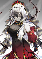  absurdres bare_shoulders blazing_cartesia_the_virtuous cleavage_cutout closed_eyes clothing_cutout dark_persona dated detached_sleeves dress duel_monster ecclesia_(yu-gi-oh!) female gauntlets gradient_hair grey_hair hair_between_eyes highres holding holding_wand long_hair multicolored_hair pointy_ears signature solo veil wand white_hair yu-gi-oh! zutaboro 