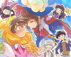  3boys 3girls :d anger_vein angry ascot black_hair black_shirt blonde_hair blue_headwear blue_jacket blush book brown_hair brown_shirt cape cardcaptor_sakura clenched_hand clenched_teeth closed_eyes closed_mouth cowgirl_position crescent crossdressing daidouji_tomoyo dress from_side glasses grey_hair hairband happy hat holding holding_book imminent_kiss jacket kero_(cardcaptor_sakura) kinomoto_sakura kinomoto_touya li_meiling li_syaoran long_hair long_sleeves looking_at_another multiple_boys multiple_girls notice_lines open_book open_clothes open_jacket open_mouth pink_dress puffy_long_sleeves puffy_sleeves purple_hairband red_ascot red_cape school_uniform shirt short_hair smile sparkle star_(symbol) straight suzuki_(2red_moon3) teeth tiara tomoeda_elementary_school_uniform tsukishiro_yukito white_wings wig wings 