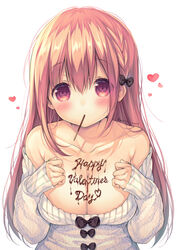  blush bow braid breasts brown_eyes brown_hair cleavage collarbone commentary_request female food hairbow highres hinako_note large_breasts long_hair looking_at_viewer march-bunny off-shoulder_sweater off_shoulder pocky sakuragi_hinako simple_background solo sweater upper_body valentine white_background 