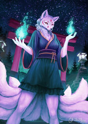  2020 9_tails anthro asian_clothing blue_fire breasts canid canine claws clothed clothing colored_fire daniel_tibana digital_media_(artwork) digital_painting_(artwork) dress east_asian_clothing elemental_manipulation female fire fire_manipulation flaming_orb forest fox fox_spirit fur fur_markings hair hi_res japanese_clothing kimono lamp lantern looking_at_viewer magic magic_user mammal markings multi_tail night outside plant signature sky solo standing star starry_sky tail torii tree white_body white_fur white_hair yellow_eyes 