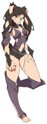  absurdres armor bad_id bad_pixiv_id barefoot bikini_armor black_fur body_fur braid breasts breasts_apart brown_eyes commentary_request female fire_emblem fire_emblem_awakening floppy_ears hair_around_ear hand_on_own_thigh head_tilt highres light_frown long_hair looking_at_viewer medium_breasts navel panne_(fire_emblem) partial_commentary rabbit_tail sasaki_sue solo taguel tail twin_braids very_long_hair white_background 