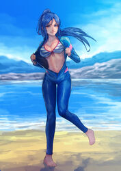  abs absurdres beach blue_hair blue_sky bodysuit breasts cirenk cleavage closed_mouth collarbone commentary commission day diving_suit english_commentary feet female full_body hair_between_eyes high_ponytail highres knees_together_feet_apart long_hair looking_at_viewer love_live! love_live!_sunshine!! matsuura_kanan md5_mismatch medium_breasts mixed-language_commentary navel no_shoes open_bodysuit open_clothes open_wetsuit outdoors purple_eyes sand shaded_face sky solo standing standing_on_one_leg swimsuit water wetsuit 