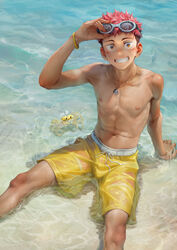  1boy abs absurdres beitemian commentary_request goggles goggles_on_head highres itadori_yuuji jewelry jujutsu_kaisen looking_at_viewer male_focus male_swimwear necklace sanpaku short_hair sitting smile solo swimsuit topless_male yellow_male_swimwear 