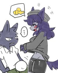  4:5 absurd_res anthro blush blush_lines bottomwear breasts canid canine canis clothed clothing clothing_lift cute_fangs domestic_dog ellipsis female fur grey_body grey_fur hair hat headgear headwear hi_res kemono laugh looking_at_another male mammal mini_(puppy_in_space) nifram_logan pants pizademokttero purple_hair smile speech_bubble upshorts wolf 