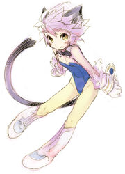  animal_ears black_bow blue_leotard bow cat_ears cat_girl cat_tail commentary_request detached_collar female full_body leotard looking_at_viewer mao_(mizuki_kotora) mizuki_kotora original personification photoshop_(medium) purple_hair short_hair simple_background slit_pupils solo tail white_background yellow_eyes 