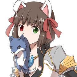  animal_ears bow brown_hair canine chains coat commentary_request dog_ears female gem green_eyes grey_coat hairbow heterochromia jewelry long_sleeves looking_at_viewer mouth_hold natsuya_(kuttuki) necklace puppy ragnarok_online red_bow red_eyes short_hair simple_background upper_body warlock_(ragnarok_online) white_background wolf wolf_(ragnarok_online) 