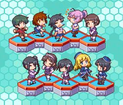  6+girls aoba_(kancolle) ashigara_(kancolle) atago_(kancolle) black_hair blonde_hair blue_background brown_hair chibi closed_eyes furutaka_(kancolle) haguro_(kancolle) hair_ornament hair_scrunchie hairband hat hexagon hexagram kako_(kancolle) kantai_collection long_hair lowres military military_uniform mogami_(kancolle) multiple_girls myoukou_(kancolle) nachi_(kancolle) one_eye_closed oobako pantyhose pink_hair pixel_art sailor_collar school_uniform scrunchie serafuku short_hair shorts side_ponytail simple_background skirt standing takao_(kancolle) thighhighs uniform 