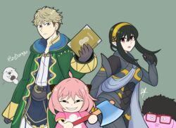  2boys 2girls afro animal_crossing anya_(spy_x_family) axe black_hair blonde_hair blue_eyes blush bond_(spy_x_family) corrin_(female)_(fire_emblem) corrin_(female)_(fire_emblem)_(cosplay) corrin_(fire_emblem) cosplay duck_hunt fire_emblem fire_emblem_awakening fire_emblem_fates franky_franklin frown glasses great_pyrenees green_robe grin highres juliet_sleeves kirby kirby_(series) lolicon long_sleeves multiple_boys multiple_girls peanut pink_hair pink_shirt puffy_sleeves raydango red_eyes robe robin_(fire_emblem) robin_(fire_emblem)_(cosplay) robin_(male)_(fire_emblem) shirt smile spy_x_family super_smash_bros. twilight_(spy_x_family) villager_(animal_crossing) villager_(animal_crossing)_(cosplay) yor_briar 