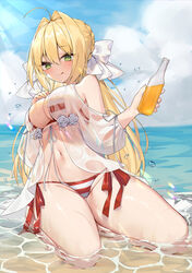  :q ahoge bare_shoulders beach bikini black_skirt blonde_hair blush bottle bow braid braided_bun breasts clothing_cutout double-parted_bangs empire_waist fate/grand_order fate_(series) female green_eyes groin hair_between_eyes hair_bun hair_intakes hairbow half_updo highres holding holding_bottle kneeling long_hair looking_at_viewer navel nero_claudius_(fate) nero_claudius_(swimsuit_caster)_(fate) nero_claudius_(swimsuit_caster)_(third_ascension)_(fate) official_alternate_hairstyle red_bikini see-through see-through_shirt shirt shoulder_cutout side-tie_bikini_bottom skirt solo stomach string_bikini striped_bikini striped_clothes swimsuit thighs tongue tongue_out wet wet_clothes wet_shirt white_bikini white_shirt yuia 