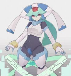  android bodysuit breasts closed_mouth commentary female green_hair grey_background hair_between_eyes helmet holding long_hair looking_at_viewer medium_breasts mega_man_(series) mega_man_zx model_w_(mega_man) pandora_(mega_man) red_eyes serious simple_background solo yonaga_san 