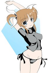  arms_behind_head black_panties black_shirt blue_eyes breasts closed_mouth commentary cowboy_shot female hair_ribbon highres leaning_back looking_at_viewer lyrical_nanoha mahou_shoujo_lyrical_nanoha medium_breasts midriff no_pants panties rebirth42000 reversed ribbon shirt short_hair short_sleeves short_twintails side-tie_panties smile solo standing stretching string_panties takamachi_nanoha turtleneck twintails underwear white_ribbon 