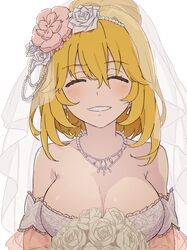  ^_^ blonde_hair bouquet breasts bridal_veil bride cleavage closed_eyes commentary dress facing_viewer female flower highres holding holding_bouquet rose shokuhou_misaki smile solo teruya_(6w6y) toaru_kagaku_no_mental_out toaru_kagaku_no_railgun toaru_majutsu_no_index veil wedding_dress white_background white_dress white_flower white_rose 