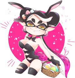  +_+ animal_ears artist_name basket black_collar black_gloves black_hair black_leotard black_thighhighs breasts brown_eyes callie_(splatoon) cleavage closed_mouth collar cowboy_shot cropped_legs detached_collar earrings easter easter_egg egg english_commentary fake_animal_ears fake_tail female gloves gradient_hair hair_ornament highres holding holding_basket inkling jewelry leotard long_hair looking_at_viewer medium_breasts mole mole_under_eye multicolored_hair navel okome_2g2g playboy_bunny pointy_ears purple_hair rabbit_ears rabbit_tail signature smile solo splatoon_(series) standing strapless strapless_leotard swept_bangs tail tentacle_hair thighhighs very_long_hair 