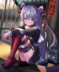  amatsukaze_(kancolle) ass black_dress blush boots brown_eyes closed_mouth commentary_request dress female garter_straps gloves grey_hair hair_between_eyes hair_tubes highres kantai_collection long_hair long_sleeves o-sirius red_thighhighs rensouhou-kun rudder_footwear sailor_collar sailor_dress single_glove thigh_boots thighhighs two_side_up white_gloves white_sailor_collar windsock 