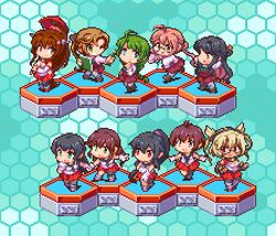  6+girls agano_(kancolle) ahoge akigumo_(kancolle) black_hair blonde_hair blue_background braid brown_hair chibi commentary_request dark-skinned_female dark_skin detached_sleeves double_bun dress gloves green_hair hair_bun headgear hexagon holding kantai_collection long_hair lowres makigumo_(kancolle) multicolored_hair multiple_girls musashi_(kancolle) naganami_(kancolle) noshiro_(kancolle) oil-paper_umbrella one_eye_closed oobako open_mouth pink_hair pixel_art ponytail purple_dress purple_hair sailor_collar sakawa_(kancolle) school_uniform serafuku short_hair simple_background single_braid sleeveless standing two-tone_hair umbrella yahagi_(kancolle) yamato_(kancolle) yuugumo_(kancolle) 