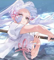  bad_id bad_pixiv_id blue_background blue_eyes blunt_bangs blunt_ends breasts eyelashes female floating_hair genshin_impact hair_ornament hair_ribbon hakama highres holding holding_sword holding_weapon japanese_clothes kamisato_ayaka light_smile long_hair looking_afar mole mole_under_eye motion_blur outstretched_arm parted_lips ponytail ribbon sash sidelocks smile solo sword tasuki tress_ribbon upper_body visible_air weapon white_hair wind wooden_sword yoco_n 