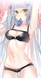  arm_up ass_visible_through_thighs bangs bikini black_bikini blunt_bangs blurry blush breasts cleavage cowboy_shot cross_hair_ornament facial_mark female flower girls_frontline glint green_eyes groin hair_ornament hair_ornament_removed hair_tie hair_tie_in_mouth hand_up highres hk416_(girls_frontline) long_hair looking_at_viewer medium_breasts mouth_hold silver_hair smile solo straight_hair strap_gap swimsuit urim_(paintur) white_background wisteria 